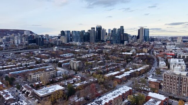 defaultAerial view of Griffintown Montreal and Lachine Canal with winter cityscape and river at daytime. g.