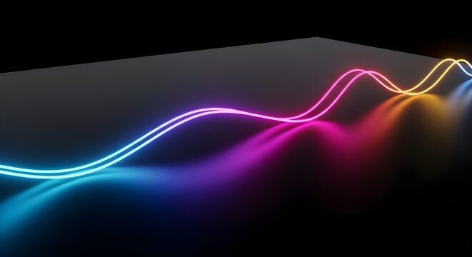 Representaci&oacute;n 3D de una representaci&oacute;n vibrante y abstracta de ondas de luz en varios colores ne&oacute;n sobre un fondo oscuro.
 Ecualizador de m&uacute;sica estilo Synthwave.
 Visualizaci&oacute;n de fluctuaciones.