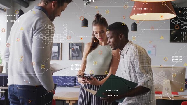 Woman scrolling phone in office team leaning checking folder and docs hexagons aiding tech decision