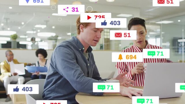 Man typing laptop and woman leaning with mug, badges multiplying over them, tracking marketing KPIs