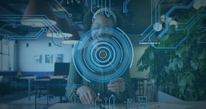 Woman presenting palms, engaging HUD, leaning, picking pen, sketching and smiling for tech design