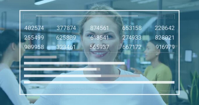 Woman posing center in open office while HUD fading in and updating charts showing business metrics