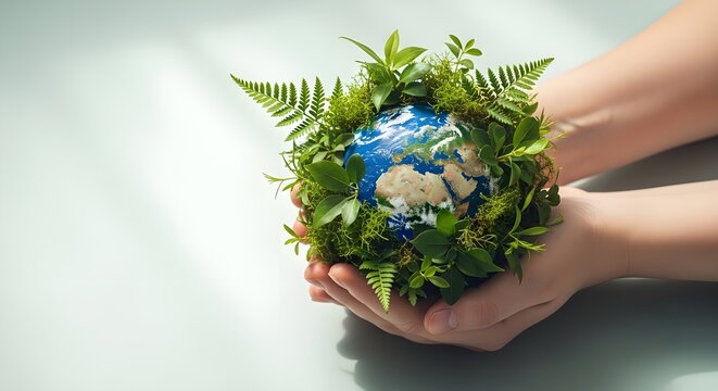 Abrazo terrenal manos sosteniendo el globo con exuberante follaje verde concepto del d&iacute;a mundial del medio ambiente fondo blanco.
