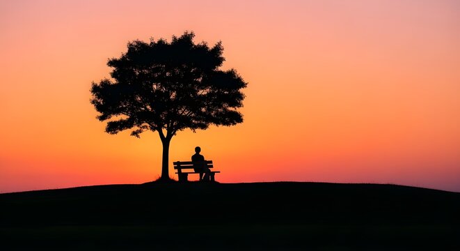 Un hombre sentado en un banco en la naturaleza al aire libre al atardecer.