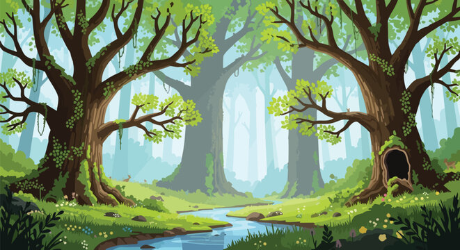Vibrant animated forest landscape with a flowing river and colossal ancient trees