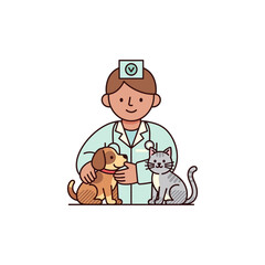 Fototapeta premium A friendly veterinarian wearing a lab coat and stethoscope, with a happy dog and a curious cat.