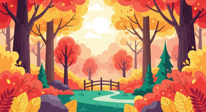 Vibrant autumn forest landscape with colorful trees and a winding path leading to a rustic bridge under a bright sky. This charming flat