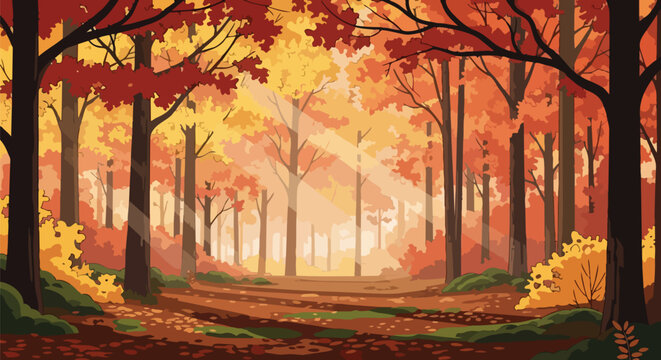 Enchanting autumnal woodland trail illuminated by gentle sunbeams filtering through a canopy of radiant scarlet and amber leaves, creating a serene,