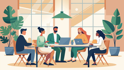 Fototapeta premium Business Team Meeting Around Table in Modern Office Collaborating on Laptops and Ideas