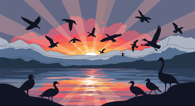 Glorious sunrise over a calm mountain lake with numerous birds flying and resting peacefully, reflecting vibrant colorful light upon the still