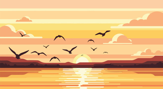 A captivating flat vector artwork showcasing a serene sunset over vast shimmering water with a flock of birds silhouetted against the gradient sky
