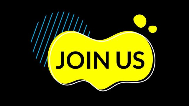 Seamless looping animation of black Join Us text on abstract yellow fluid shapes with moving ornaments. High-quality 4K motion graphics featuring alpha channel transparency for easy layering