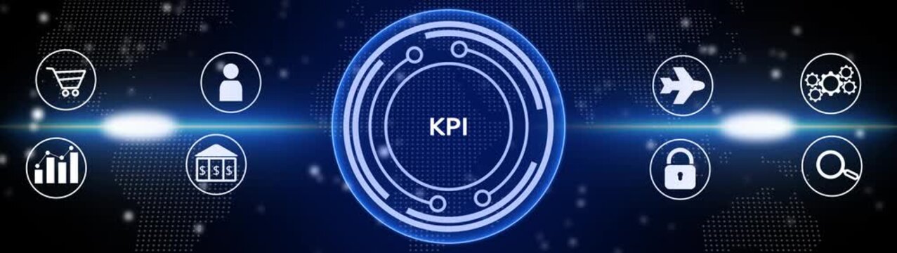 Key Performance Indicator concept shown as KPI in a bright blue circular interface, surrounded by for shopping, user, finance, travel, and security, set against a dark map background Keywords