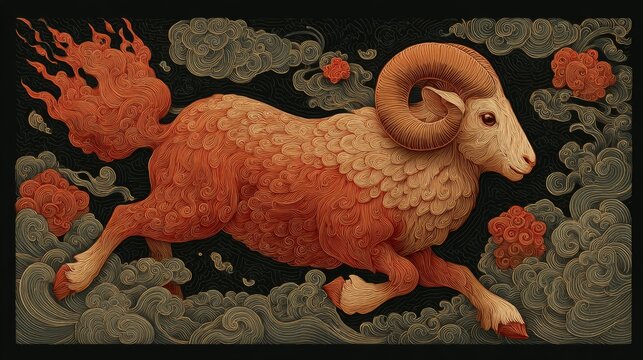 Fiery ram symbol running through flames for Chinese New Year 2027 zodiac representation