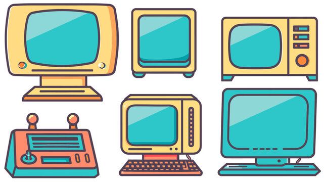 Six vintage-style computer and television illustrations with teal screens and bold outlines