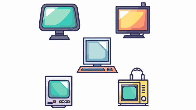 Cartoon style illustration of five distinct vintage computer monitor designs
