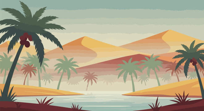 Serene desert oasis vector illustration with palm trees, water, and sand dunes.