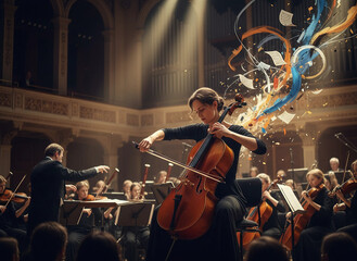 Fototapeta premium Dedicated Cellist Performing in an Orchestra, Capturing the Essence of Classical Music and Artistry