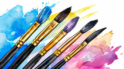 Obraz premium Watercolor image of five paintbrushes with various colorful paint splatters background