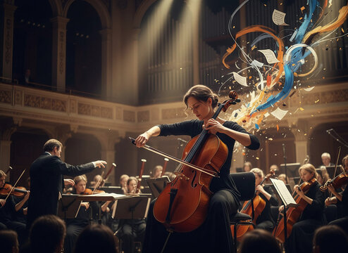 Dedicated Cellist Performing in an Orchestra, Capturing the Essence of Classical Music and Artistry