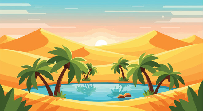 A stylized vector illustration of a serene desert oasis at sunset. Lush palm trees border a tranquil pond within golden sand dunes under a soft
