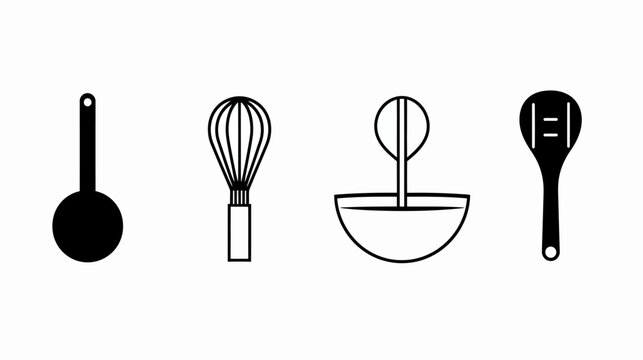 Vector graphic depicting four stylized kitchen implements in black and white