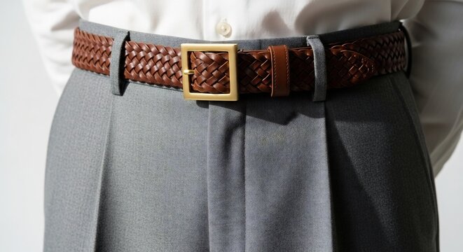 Close up of a man wearing a braided leather belt with a gold buckle.