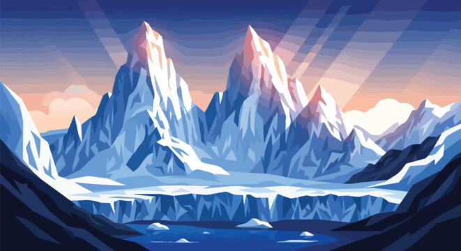 A breathtaking frozen panorama featuring towering snow covered mountains glaciers and a serene icy lake under a sky pierced by golden dawn light