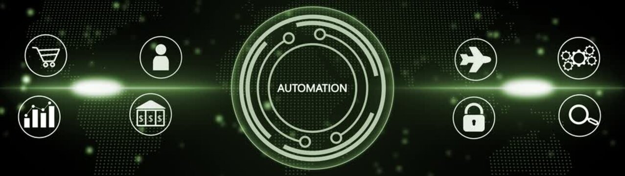 Digital interface with the word AUTOMATION in a central glowing green circle surrounded by business and technology on a dark map background with bright light streaks