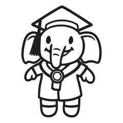 Fototapeta premium Cute elephant graduate illustration in simple outline cartoon style.