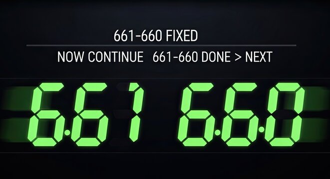 Green digital numbers display on black background with instructions to continue