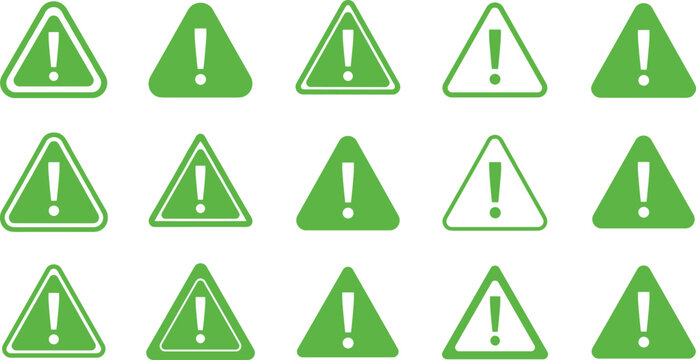Green Warning Triangle Icons with Exclamation Mark Symbols, Safety Alert Signs for Hazard Notification, User Interface Design, Apps, and Industrial Labels