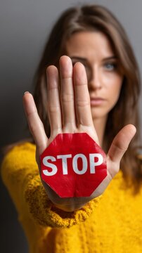 Woman holds stop sign on palm to raise awareness for self protection and domestic violence prevention