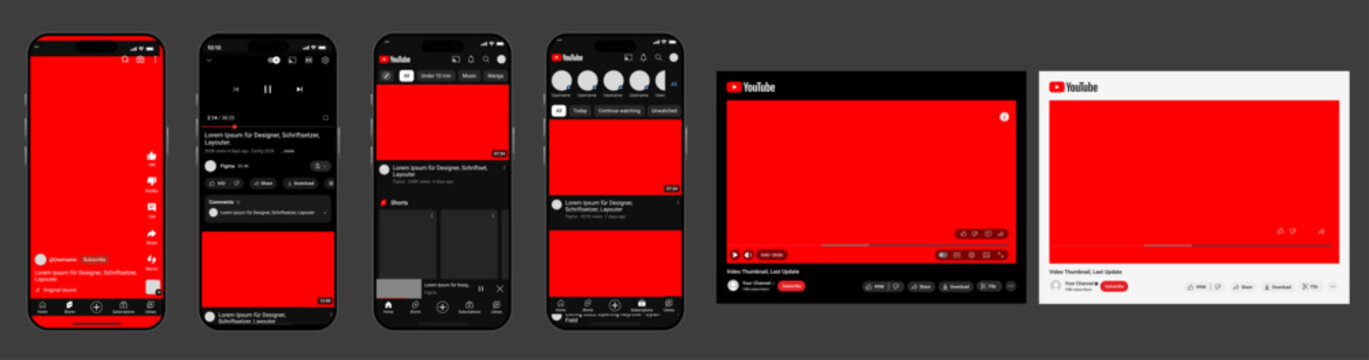 Youtube app template blank video frames vector set. Youtube mobile App interface template on Apple Iphone mockup. Mobile ui social speech bubbles. Editorial vector illustration.