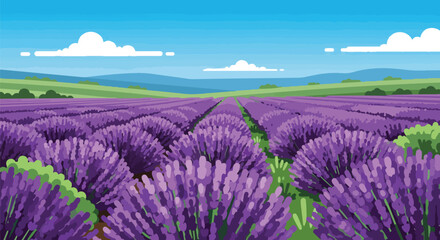 Fototapeta premium Expansive purple lavender bloom stretching towards distant green mountains under a bright sunny day