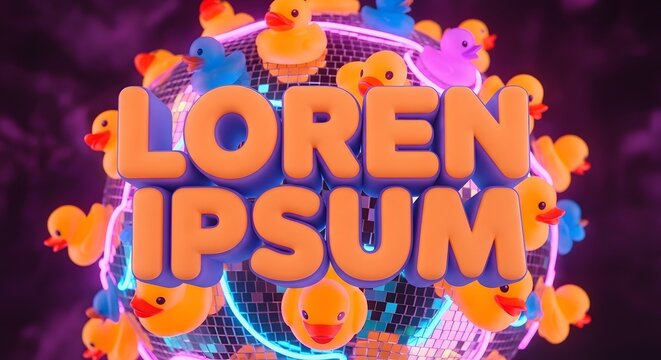 "LOREM IPSUM" 3D text with colorful rubber ducks and neon lights on a vibrant disco ball background.