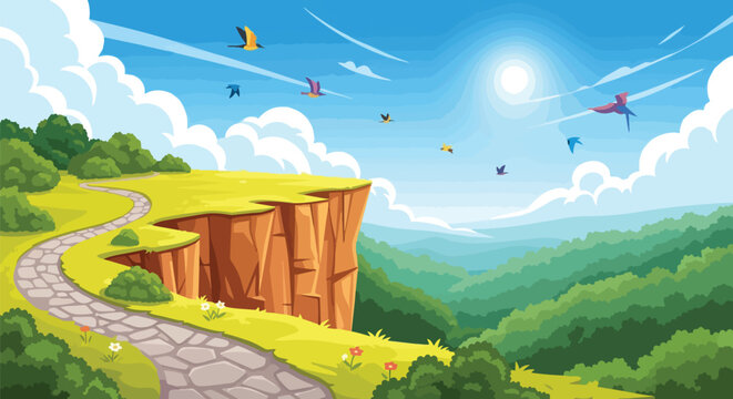 A vibrant cartoon landscape illustrates a winding stone path on a cliff, overlooking a vast green valley. Numerous colorful birds soar across the