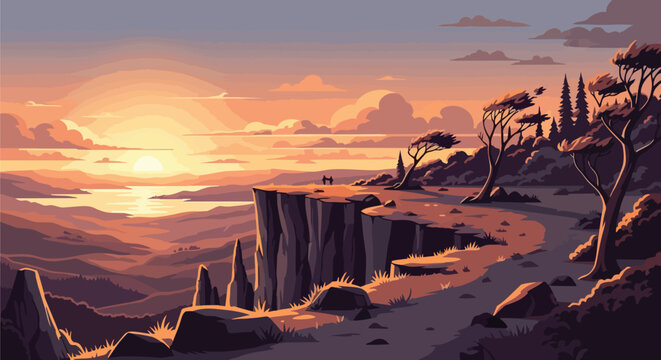 Warm tranquil vector landscape illustration at twilight overlooking majestic cliffs and serene waters