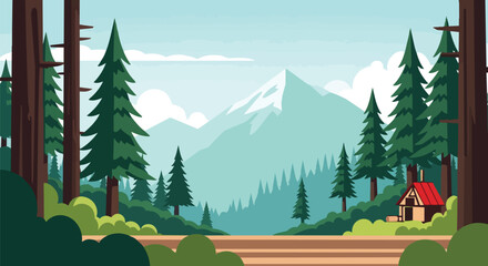 Fototapeta premium Idyllic forest scene illustration with towering pine trees, distant snow-capped mountains, and a charming rustic cabin nestled in nature's quiet