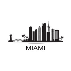 Obraz premium Miami skyline silhouette with palm trees and a coastal lighthouse