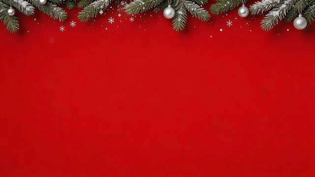 Winter Christmas Red Background with Frosted Pine Branches, Silver Baubles and Snowflakes Top Border. Christmas Background, Christmas, Christmas Tree, Merry Christmas, Christmas Wallpaper