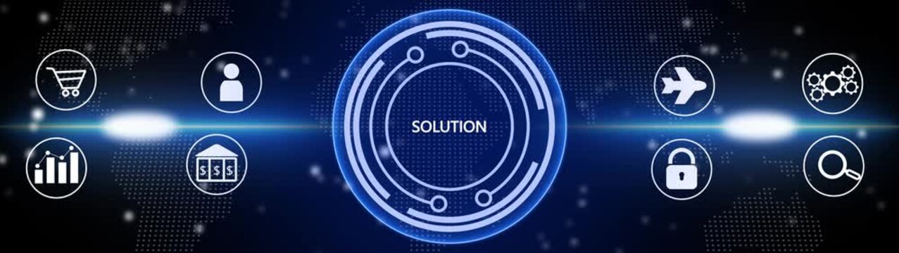 Vibrant blue digital display with a central glowing circular interface featuring the word SOLUTION, surrounded by for business and technology on a dark map