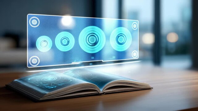 High tech open book displays holographic graphics, virtual data, symbolizing fusion digital innovation, classic literature. Scene evokes concepts smart learning, future education