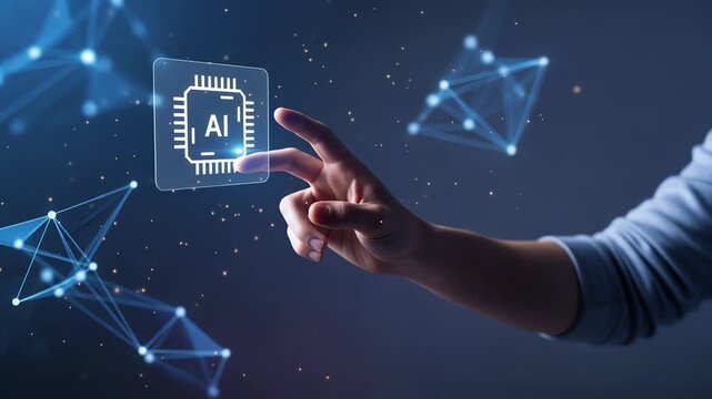 Human hand touching virtual ai processor icon in futuristic digital world