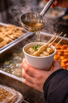Korean street food fish cake soup being poured into cup, hot eomuk broth serving scene