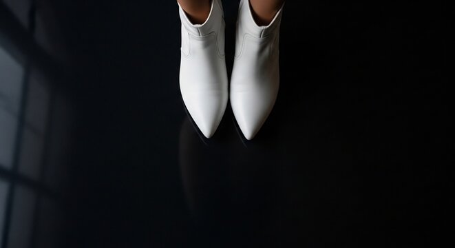 Elegant White Ankle Boots on a Dark Reflective Surface.