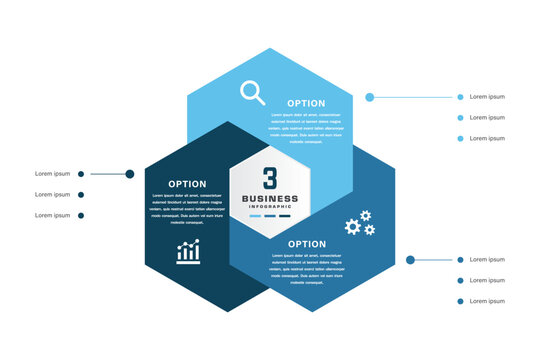 Professional business infographic with 3 interconnected hexagon options, icons, and connected bullet points in blue and white design