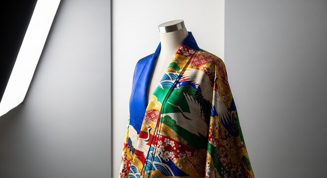 Vibrant Floral Kimono on Mannequin with Studio Lighting.