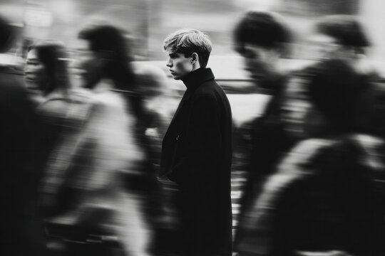 Young man standing still in crowded street with blurred people walking past, black and white portrait capturing urban life and isolation in motion.