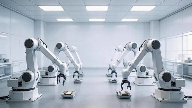 Modern industrial robotic arms in a clean, high-tech manufacturing facility &mdash; automated assembly line, precision engineering, future of smart factories